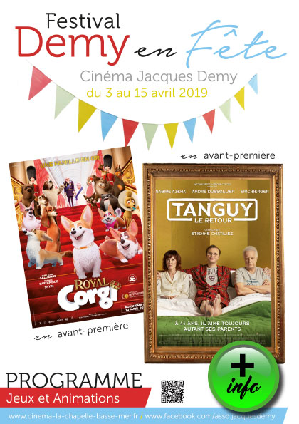 Pour cette édition 2019, notre festival propose 13 films pour tous les âges et tous les goûts avec 2 films en avant-première : "Tanguy le retour" et "Royal Corgi"